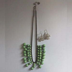 2pc Set - Green  Beaded Silver Hardware Necklace & Lilly Earrings